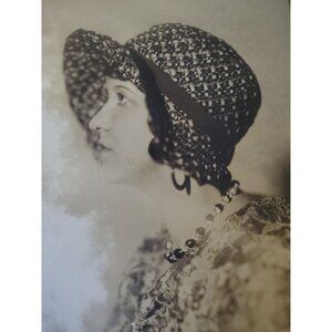 Vintage 8x10 Portrait Photograph Of Woman In Hat With Beaded Necklace & Earrings